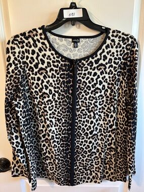 Rafaella Leopard-Print Zip Front Cardigan in Black and Tan #051